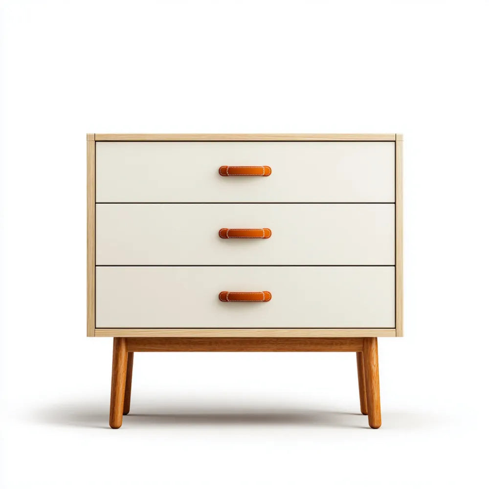Chest of Drawers 60x40x80 cm Wooden Frame with Leather Handles - Cream - Modern Style