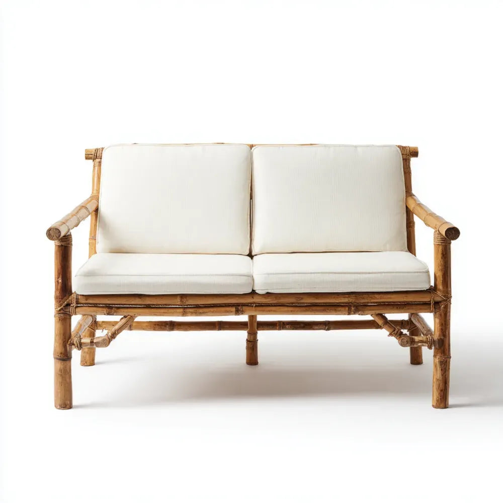 Bamboo Patio Sofa Set – 120x62x80 cm – Cream Cushions – Natural Style