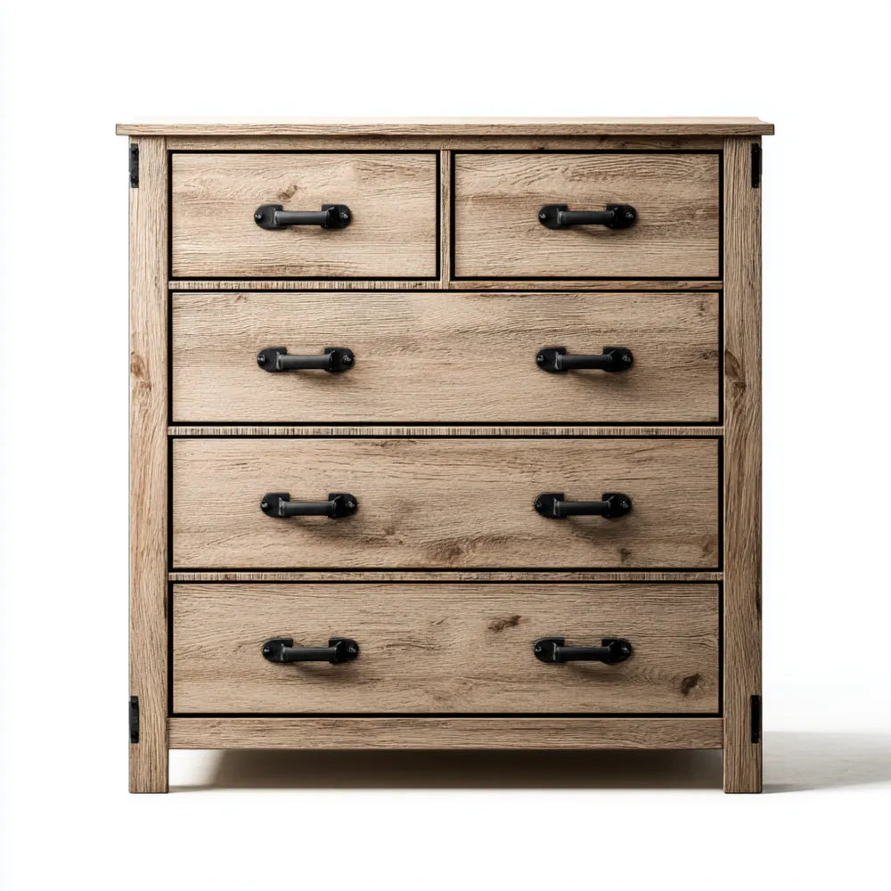 Wooden Chest of Drawers 5-Drawer 80x40x95 cm - Oak Finish - Rustic Style