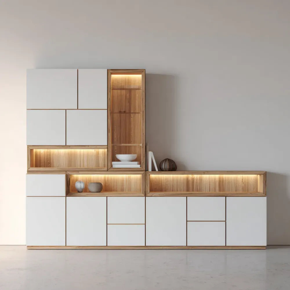 Modular Display Cabinet 180x40x200 cm in Wood/White with LED Lighting